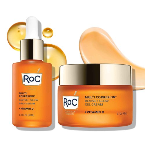 RoC Multi Correxion Revive + Glow Skin Care Regimen Bundle: Vitamin C Serum for Face + Vitamin C Cream for Tighter, Brighter Skin