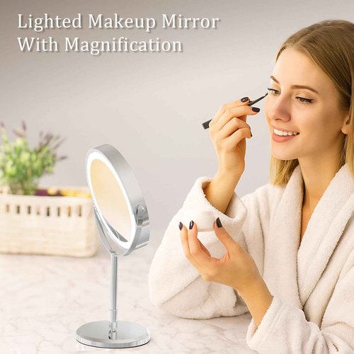 Erlingeryi 7” Magnifying Mirror with Lights,1X/10X Double Sided Lighted Makeup Mirror with Magnification, Rechargeable Battery, Dimmable, 3 Lighting Colors, Chrome
