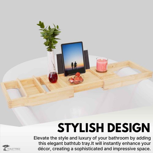 ToiletTree Products Bamboo Bathtub Caddy with Extending Sides and Adjustable Book Holder (Deluxe)
