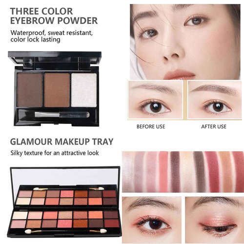 MTDXILTAI All in One Makeup Kit - 2X14 Eyeshadow Palette, Liquid Foundation, Eyeliner Pencils, Contouring Stick, Lip Gloss, 20Pcs Makeup Brushes (Black)