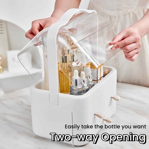 Makeup Organizer and Storage for Vanity with Lid and Drawers, Waterproof and Dustproof Portable Skincare Cosmetics Boxes, Makeup Caddy Holder for Vanity Countertop, Bathroom, Dresser-All White