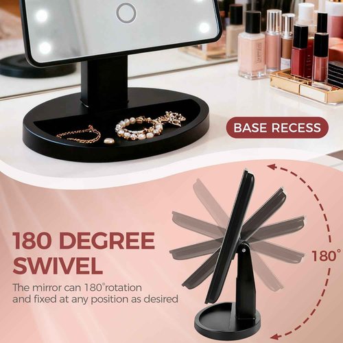 KOOKIN Lighted Vanity Makeup Mirror Led Lights 180 Degree Rotation Lighted Mirror Touch Screen Adjusted Brightness Desk Mirrors USB Dual Supply Bathroom Beauty Cosmetic Mirrors (Black)