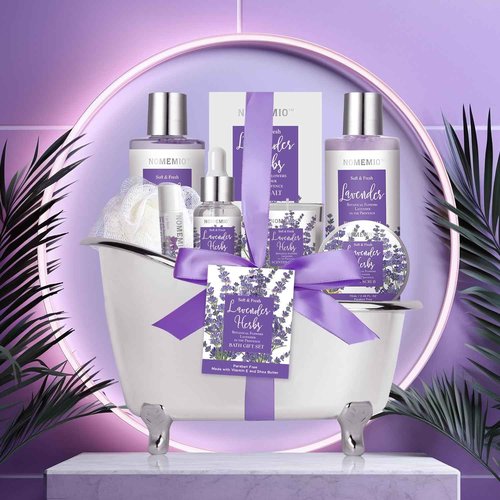 Spa Gift Basket for Women, 8pcs Lavender Spa Kit Set with Body Wash, Bubble Bath, Scrub, Bath & Beauty Skin Care Gift Sets, Christmas Gifts Set for Women, Her, Mom