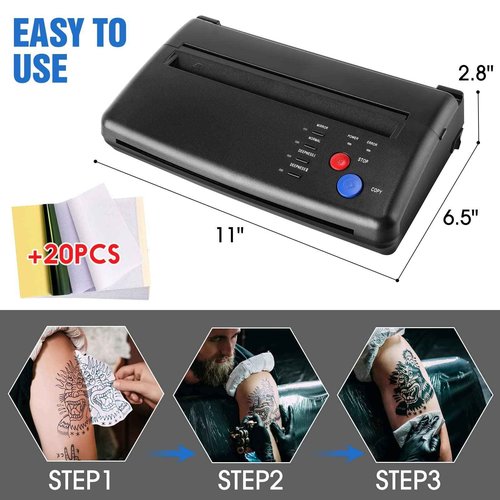 CORIEOSD Tattoo Transfer Stencil Machine with 20 Thermal Tattoo Kit Copier Printer Tattoo Transfer Stencil Paper Tattoo Stencil Printer Machine for Tattoos Black Version