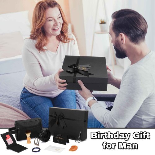 Shyyween 10 Pcs Birthday Gifts Baskets for Men Get Well Soon Gifts Beard Care Set for Him with Bathrobe, Wallet, Makeup Bag, Belt, Bracelet, Beard Comb & Brush Set for Dad Boyfriend Husband(Blue)