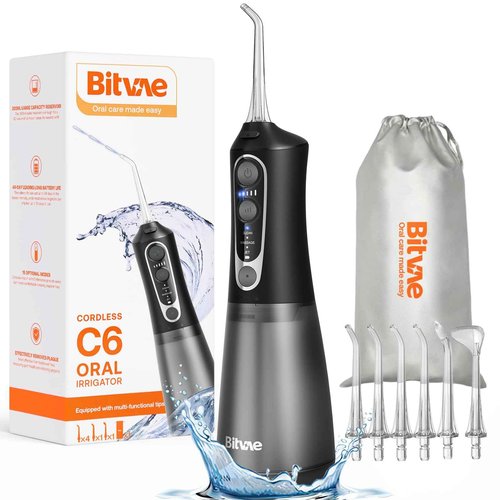 Bitvae Water Dental Flosser Bundle, Cordless Water Teeth Cleaner Picks for Travel with, USB Rechargeable Oral Irrigator with 3 Modes 5 intensities, Black & Black