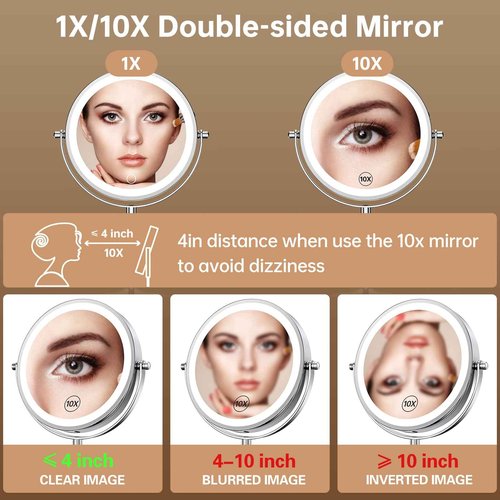 Gospire 7" Lighted Makeup Mirror with Magnification 10X/1X, Rechargeable Cordless Stepless Dimming LED Lights, 360° Swivel Magnifying Cosmetic Vanity Standing Mirror for Dresser, Bathroom