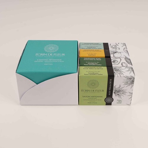 ÉCRIN DE FLEUR - Hand crafted Organic Soap 4-pack (Aloe Vera & Nettle 3.2 oz, Avocado & Hemp 3.2 oz, Almond & Calendula 3.2 oz, Lemon & Calendula Flowers3.2 oz)