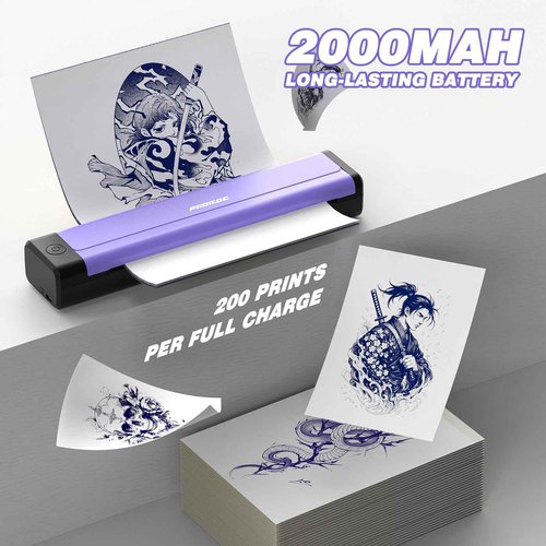 Padieoe Tattoo Stencil Printer with 10Pcs Transfer Paper - Bluetooth, Wireless, 2000mAh - Portable Thermal Printer Machine for Tattooist- 11.5x2.6x1.8in - Purple