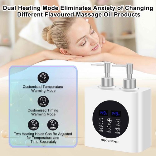 JOJOCOSMO New Dual Control Massage Oil Warmer with Four Body Liquid Bottle Dispensers, Shampoo Heater Form 86 to 149 ℉, Reserve Heating time, for Salon, Home,SPA Essential Oil Lotion Warmer