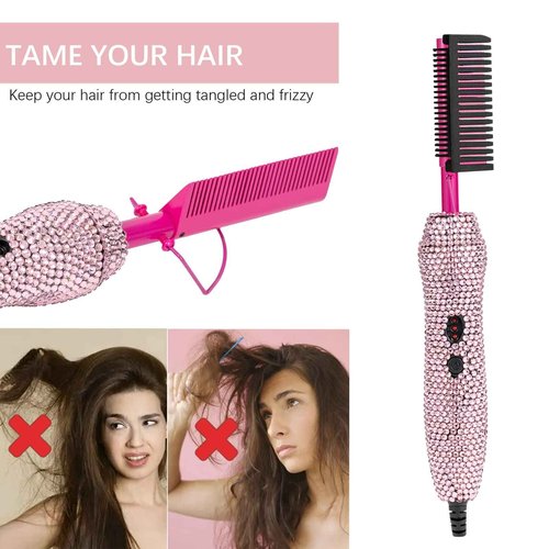 Deluxe Electric Hair Straightener and Curling Comb for Natural Hair and Wigs, 450°F Heat Pressing Comb with Anti-Scald Case (Pink)