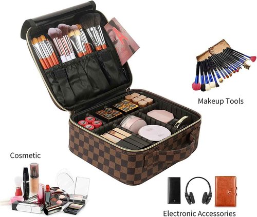 bopomofo Checkered Makeup Bag - Spacious Travel Cosmetic Organizer with Adjustable Compartments | Waterproof PU Leather Toiletry Bag for Women | Stylish Gift for Christmas, Birthdays, Valentine’s Day