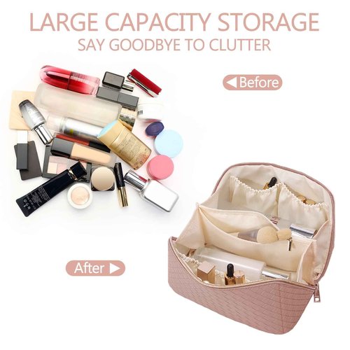 BAKLUCK Travel Cosmetic Bag with Compartments - Large Capacity, Lay Flat, Pink Checkered Pattern PU Leather Portable Makeup Bag for Women & Girls