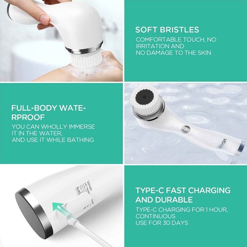 VOYOR Electric Body Brush Back Scrubber for Shower - Facial Cleansing Brush Rechargeable, Spin Face Brush Waterproof 5-in-1 Body Brush Set for Deep Skin Cleansing