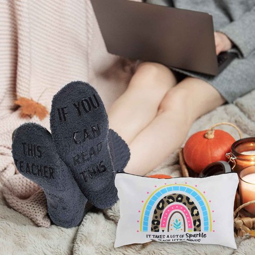 Shinymoon 28 Pcs Back to School Teacher Appreciation Gifts Bulk If You Can Read This Teacher Socks 14 Style Thank You Makeup Bags Employee Coworker Team Back to School Gifts(Rainbow,Coral Fleece)
