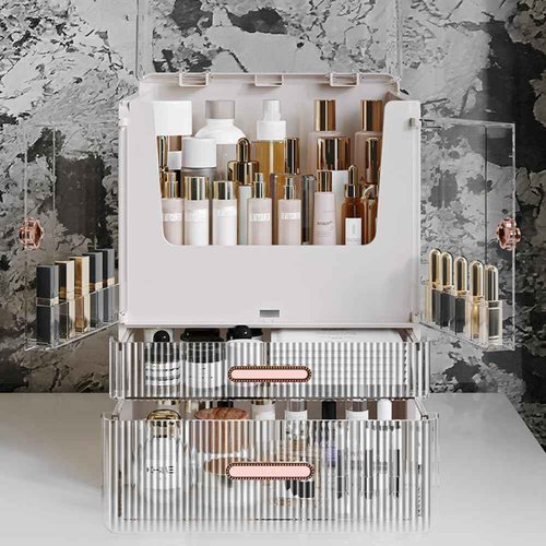 Utillify Acrylic Makeup Organizer with Drawers – 38.5CM Large Capacity Cosmetic Storage Box, Dustproof & Waterproof Vanity Organizer for Skincare, Jewelry, Lipsticks & Beauty Products (White)