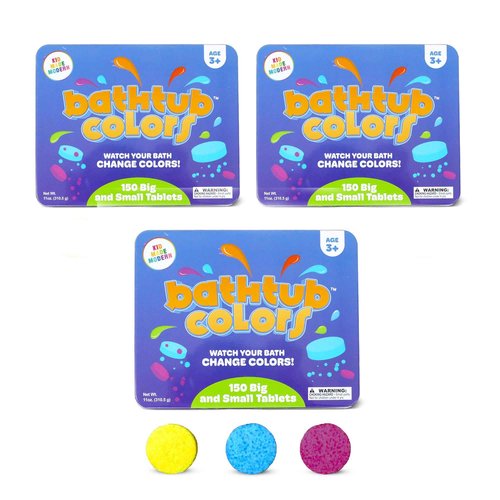 Kid Made Modern Bath Color Tablets for Kids - 450 Non Toxic Bath Drops for Toddlers Blue, Yellow, Pink, and Purple Bathtub Color Fizzies Tablets - Fun & Mini Bath Bombs (150 Count / 3 Pack - Ages 3+)