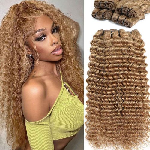 msVenus Honey Blonde Deep Wave Bundles Human Hair 12A Color #27 Blonde Curly Human Hair Bundles 16 18 20 Inch Colored Deep Wave Human Hair Extensions Double Weft Wet and Wavy Bundles