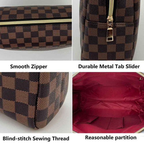 bopomofo Brown Checkered Cosmetic Bag 3 Pack,1 Big Pouch,1 Makeup Brushes Holder, 1 Coin Purse,Portable Travel Makeup Bag Set Lightweight and Waterproof Storage Bag Organizer (Brown Checkered 3 Pcs)