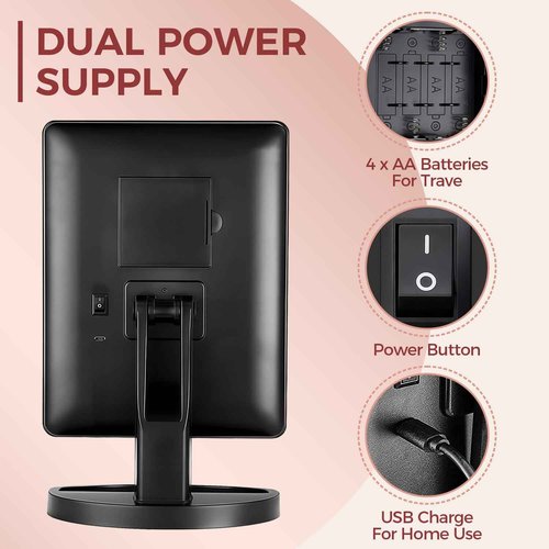 KOOKIN Lighted Vanity Makeup Mirror Led Lights 180 Degree Rotation Lighted Mirror Touch Screen Adjusted Brightness Desk Mirrors USB Dual Supply Bathroom Beauty Cosmetic Mirrors (Black)