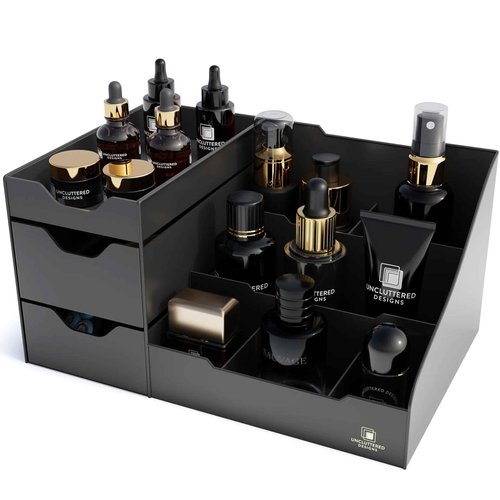 Uncluttered Designs Large Black Vanity Organizer - Countertop Mens Organizer With Drawers for Cologne, Deodorant, Beard, Shaving Lotion, Perfume & Skincare - Perfect for Bathroom & Bedroom Storage