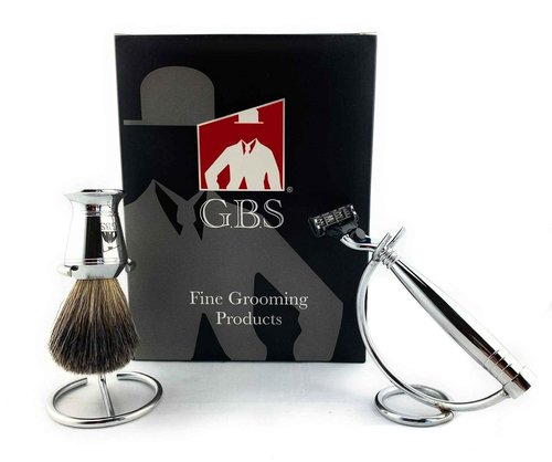 G.B.S Modern Shaving Set, Compatible Razor with 3 Blade Lubricated Strip Cartridge, Badger Shaving Brush with Chrome Handle, Stainless-steel Razor and Brush Stand
