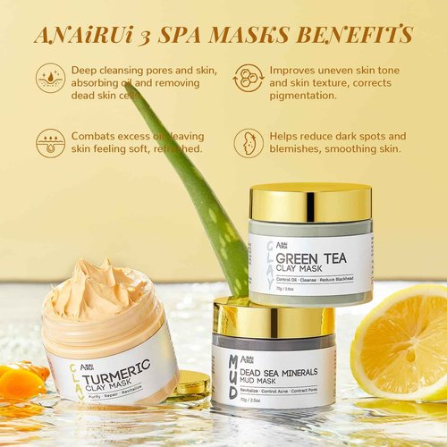 ANAI RUI 3 Pack Face Mask Gift Set,Christmas Facial Mask Set,Turmeric Clay Mask - Green Tea Mud Mask - Dead Sea Minerals Mud Mask Stocking Stuffers for Women &Teen Girl 2.5 oz each