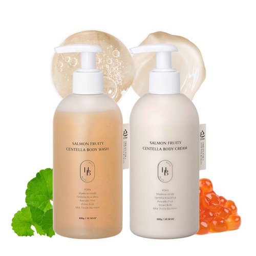 HEVEBLUE Salmon Fruity Centella Body Wash & Body Cream Duo - Complete Gift Set for Sensitive Skin