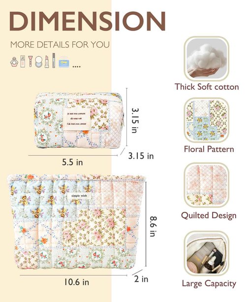 Sminra 2 Pieces Floral Makeup Bag, Cute Travel Quilted Pouch Cosmetic Bag Organizer, Small Cotton Coquette Aesthetic Purse Toiletry Bag for Women Girls accessories (Blue Flower-2PCS)