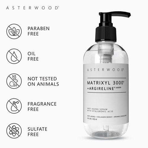 Asterwood Matrixyl 3000 + Argireline Serum for Face - Multi Peptide Serum with Hyaluronic Acid - Anti-Aging, Wrinkle Reducing, Collagen Boosting - Fragrance-Free - 8 Fl Oz