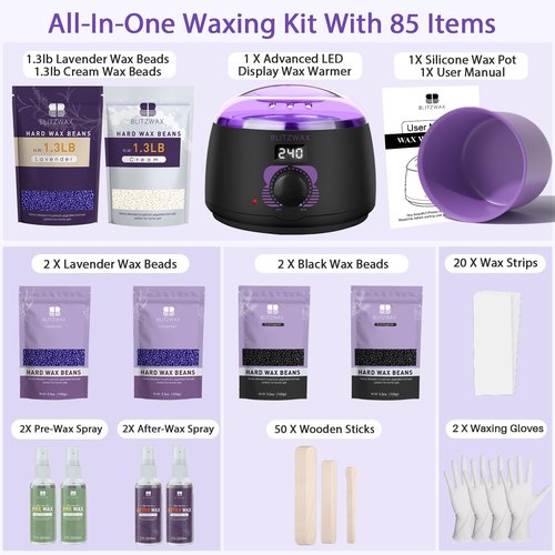 BLITZWAX Brazilian and Bikini Waxing Kit With 2.6lb Lavender and Cream Wax Beads, Hard Wax Warmer for Face, Legs and Body, At Home Hair Removal Kit, Beginner Friendly, Digital Fast Heating