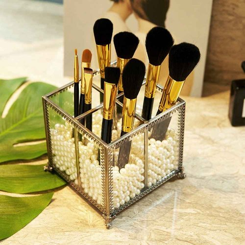 PuTwo Makeup Organizer Vintage 4 Sections Makeup Brushes Holder Make Up Storage with Free White Pearls