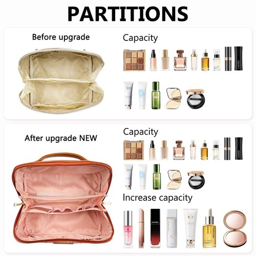 Brown PU Leather Travel Makeup Bag with Dividers,Handle, and Wipe-clean Brush Compartment, Waterproof Large Checkered Travel Cosmetic Bag, Portable Open Flat Toiletry Bag for Women,Brown