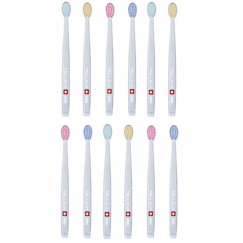 TELLO 4920 Adult Soft Toothbrush for Gentle Cleaning with Ergonomic Handle, Made in Switzerland, Colors Vary, 12-Pack