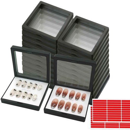 GUXACU Press On Nail Packaging Boxes 3D Floating Press On Nail Storage Box Nail Display Box with 60pcs Double Sided Adhesive Nail Display Tape for Nail Tech (Black, 3.5 inch)