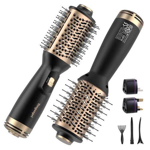 Ymguspri Travel Dual Voltage Hair Dryer Brush, Mini Auto Blow Dryer Brush in one, 2 Inch One Step Hot Air Hair Dryer and Styler for Home & Salon with EU&UK Plug (Gold)