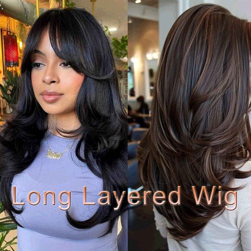 Aisaide Dark Brown Long Wavy Layered Wig with Curtain Bangs for Women Synthetic Brown Layered Wavy Wig Shaggy Blonde Butterfly for Women 24inch.
