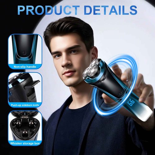 Snapbuy Electric Razor for Men, Waterproof Cordless Shaver with 90-Min Runtime, 4D Floating Head Rotary, Wet & Dry Rechargeable Electrical Shaver LCD Display (Blue)