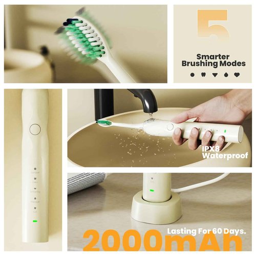 MIEUNUHH T3 White Wave Electric Toothbrush with 60° Oscillation & 5 Modes, Sonic Electric Toothbrush - IPX8 & Rechargeable with 2 Soft Brush Heads