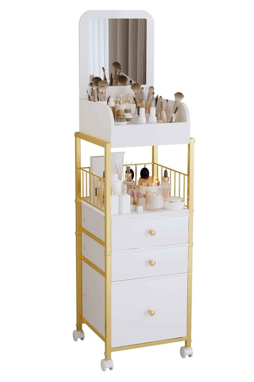 Makeup Cart Organizer with Mirror, Large Floor Skincare Organizers Make Up Organizers-Vanity Storage Organizer Cosmetic Display Cases Holder for Skin Care Perfume Nail Polish Brush Hair Tool (Gold)
