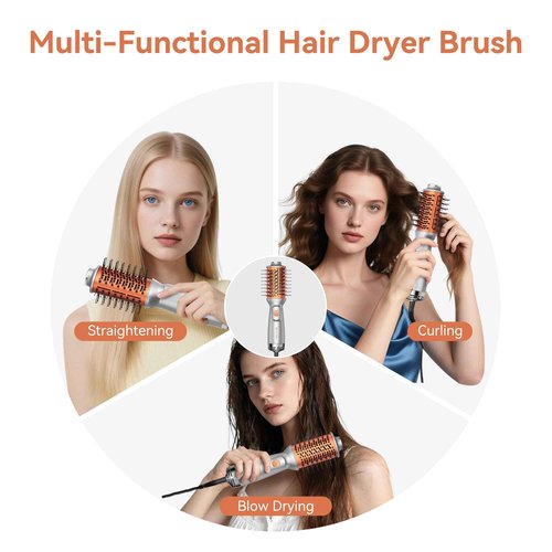 Travel Hair Dryer Brush, Dual Voltage 100–240V 4-in-1 Hot Air Brush with 3 Heat & 2 Speed Settings for Drying, Straightening, Curling & Volumizing, Mini Ionic Thermal Blow Dryer Brush for Women