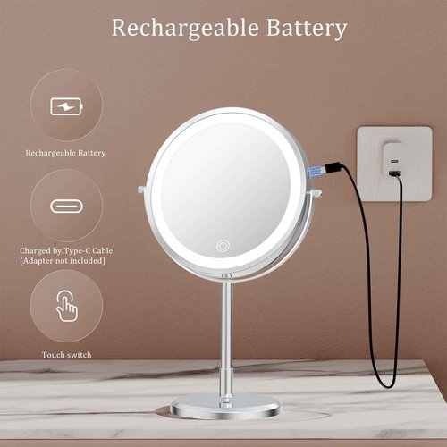 Erlingeryi 7” Magnifying Mirror with Lights,1X/10X Double Sided Lighted Makeup Mirror with Magnification, Rechargeable Battery, Dimmable, 3 Lighting Colors, Chrome