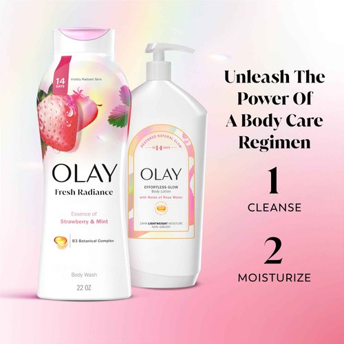 Olay Body Wash for Women, Fresh Radiance, Refreshing & Renewing, Made with Plant Based Cleansers, B3 Botanical Complex, For All Skin Types, Strawberry & Mint Scent, 3.0 fl oz (Pack of 24)