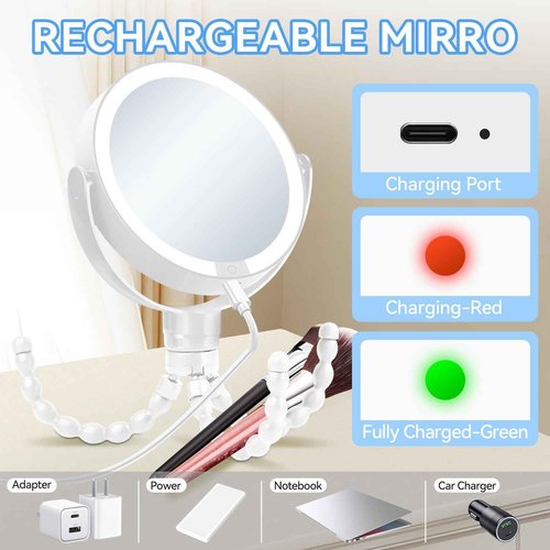 KOOKIN Travel Makeup Mirror with Lights and Magnification 1X/10X, Lighted Makeup Mirror, Rechargeable, 3 Color Lighting, Dimmable, 360° Rotation, Double Sided, Hanging Handheld Mirrors (White)