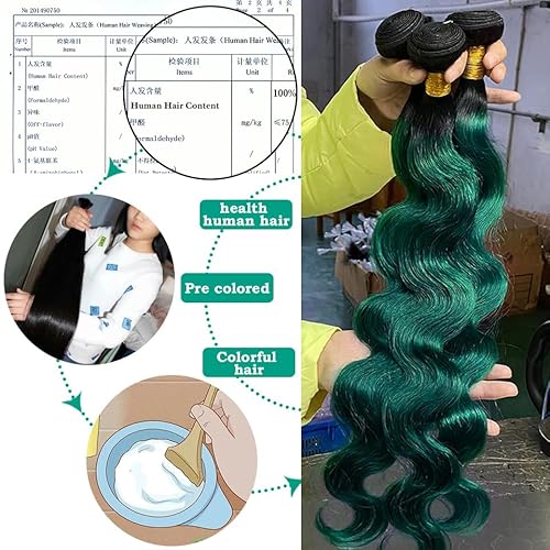 SEXAYHAIR Green Human Hair Brazilian Ombre Body Wave Bundles 1bGreen Virgin Hair 3 Bundles T1b/Green Color Human Hair Bundles Extensions for Women (12 14 16)