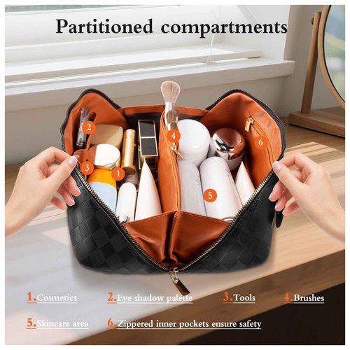 Abiudeng Travel Makeup Bag,Large Capacity Toiletry Bag Cosmetic Bags for Travel Essentials,Waterproof Portable Pouch Open Flat Makeup bag Organizer with Divider and Handle-black rhombus
