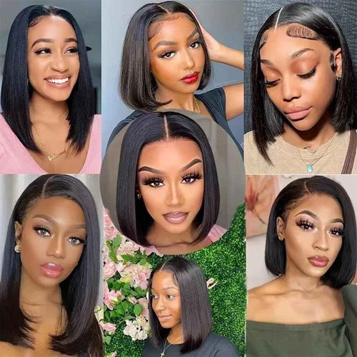 TONGMAY Lace Front Bob Wigs Human Hair 13x4 HD Lace Glueless Bob Wig Human Hair Short Straight Frontal Wigs for Women Pre Plucked with Baby Hair Side Part 180% Density Natural Black 14 Inch