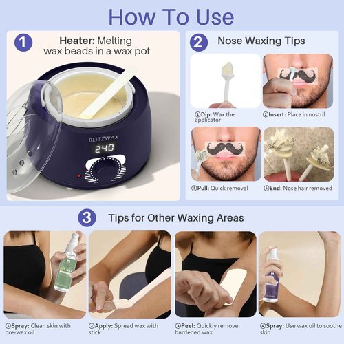 BLITZWAX Brazilian and Bikini Waxing Kit for Men With 120 Wooden Waxing Sticks and 30 Wax Papers, Hard Wax Warmer for Face, Legs, and Body, At Home Hair Removal Kit, Beginner Friendly