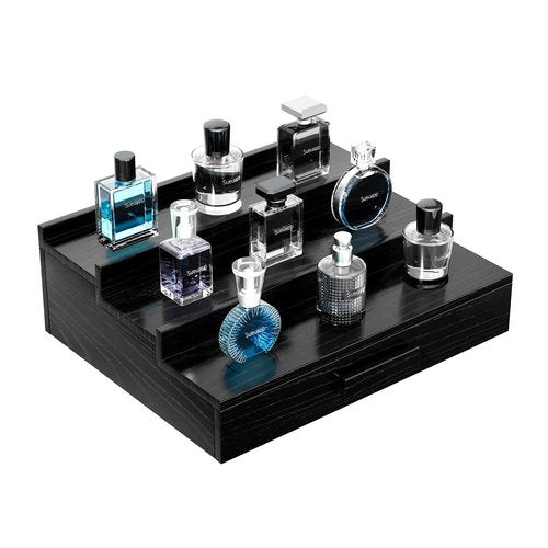 Sueuapp Walnut Wood Cologne Organizer for Men,3 Tier Cologne Stand,Cologne Shelf Display Holder,Perfume Stand Organizer with Hidden Compartment and Drawer,Great Gift for Men,Black