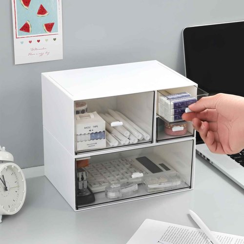 MILULUGO Desk Organizer with 4 Drawers, Makeup Organizer, Desktop Storage Box, Cosmetics Storage Box for nail polish, Lipstick, Brushes, Jewelry, Skincare, Bathroom Organization Boxes(White)